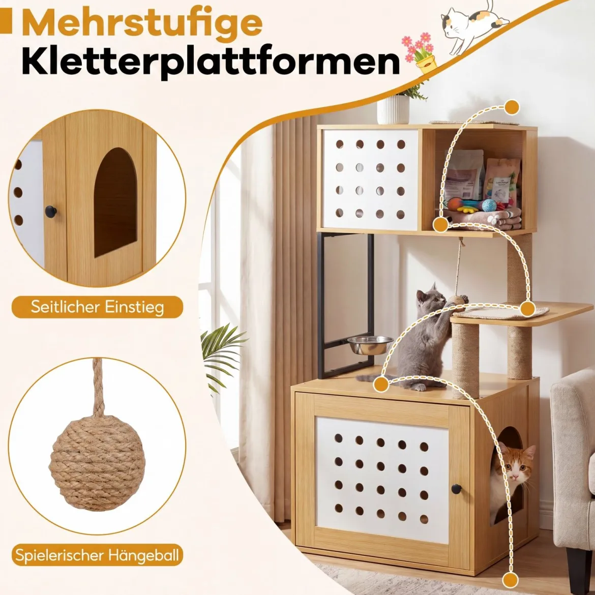 Kratzbaum mit Katzenklo-Schrank 117,5 cm Mehrstöckiger Katzenbaum Katzenkratzbaum Natur
