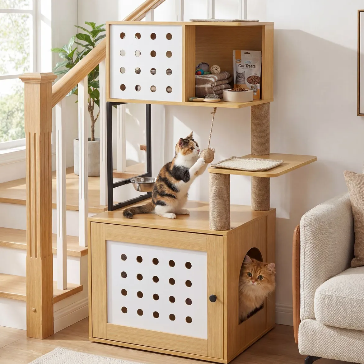 Kratzbaum mit Katzenklo-Schrank 117,5 cm Mehrstöckiger Katzenbaum Katzenkratzbaum Natur