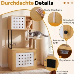 Kratzbaum mit Katzenklo-Schrank 117,5 cm Mehrstöckiger Katzenbaum Katzenkratzbaum Natur