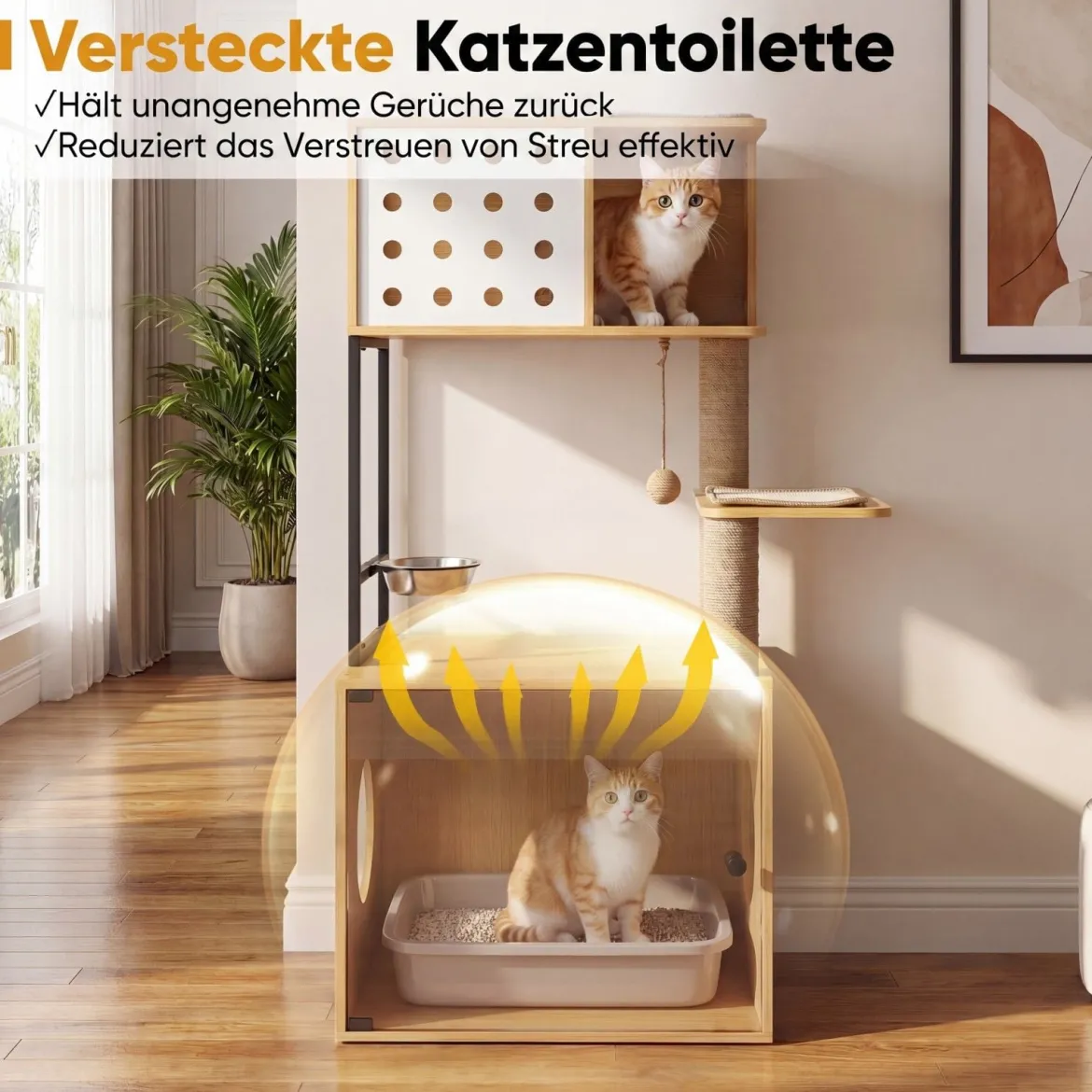Kratzbaum mit Katzenklo-Schrank 117,5 cm Mehrstöckiger Katzenbaum Katzenkratzbaum Natur