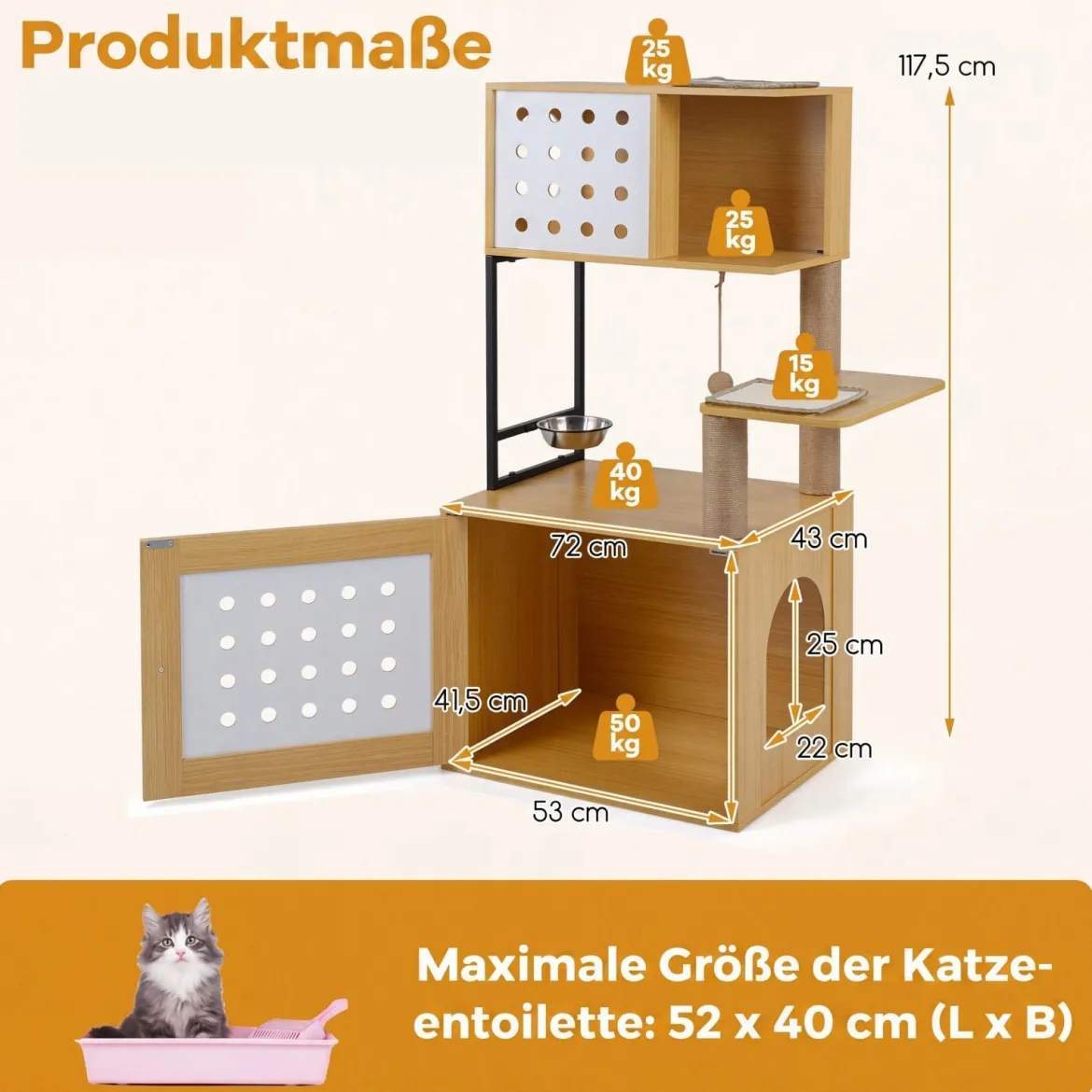 Kratzbaum mit Katzenklo-Schrank 117,5 cm Mehrstöckiger Katzenbaum Katzenkratzbaum Natur