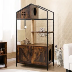 Kratzbaum mit Katzenklo Schrank Katzenschrank für Katzentoilette Katzenbaum mit Katzenhaus Braun