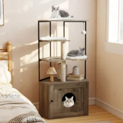Kratzbaum mit Katzenklo Schrank & Katzenloch & Matten Katzenschrank für Katzentoilette Katzenmöbel