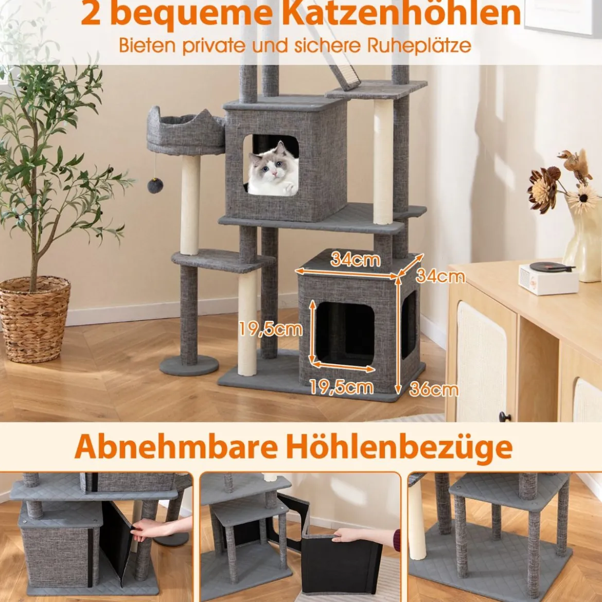 Kratzbaum mit Kratzpfosten & Sisalbrett & Leiter & 2 Höhlen Katzenbaum 180 cm Grau