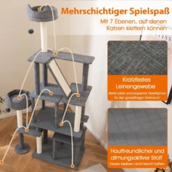 Kratzbaum mit Kratzpfosten & Sisalbrett & Leiter & 2 Höhlen Katzenbaum 180 cm Grau
