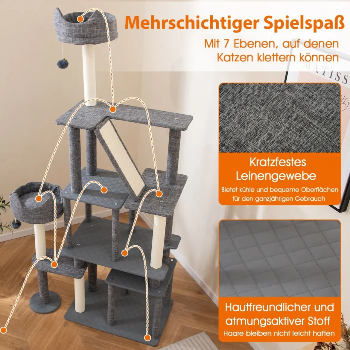 Kratzbaum mit Kratzpfosten & Sisalbrett & Leiter & 2 Höhlen Katzenbaum 180 cm Grau
