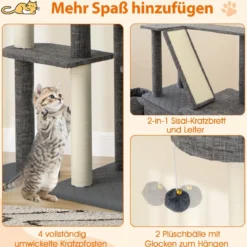 Kratzbaum mit Kratzpfosten & Sisalbrett & Leiter & 2 Höhlen Katzenbaum 180 cm Grau