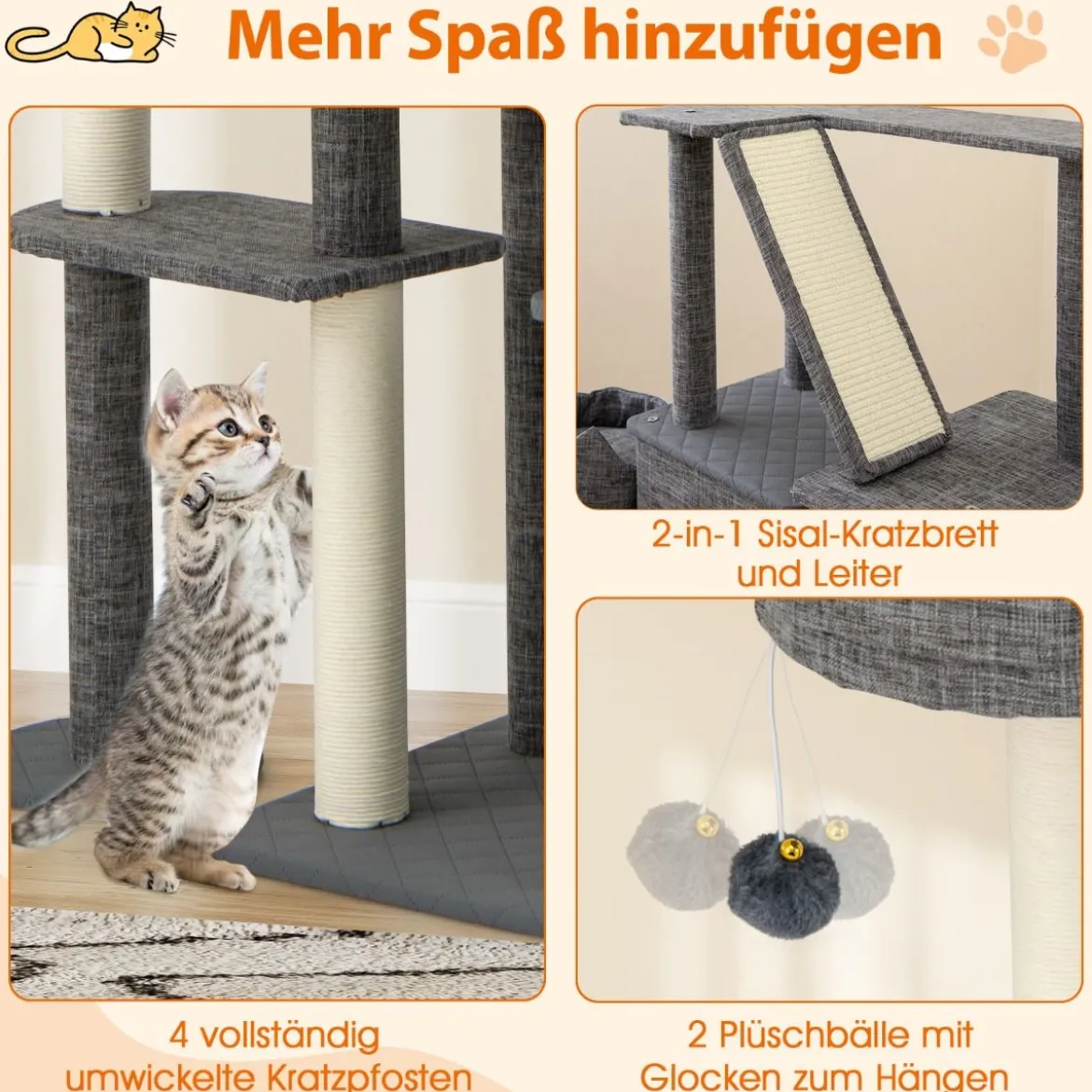 Kratzbaum mit Kratzpfosten & Sisalbrett & Leiter & 2 Höhlen Katzenbaum 180 cm Grau
