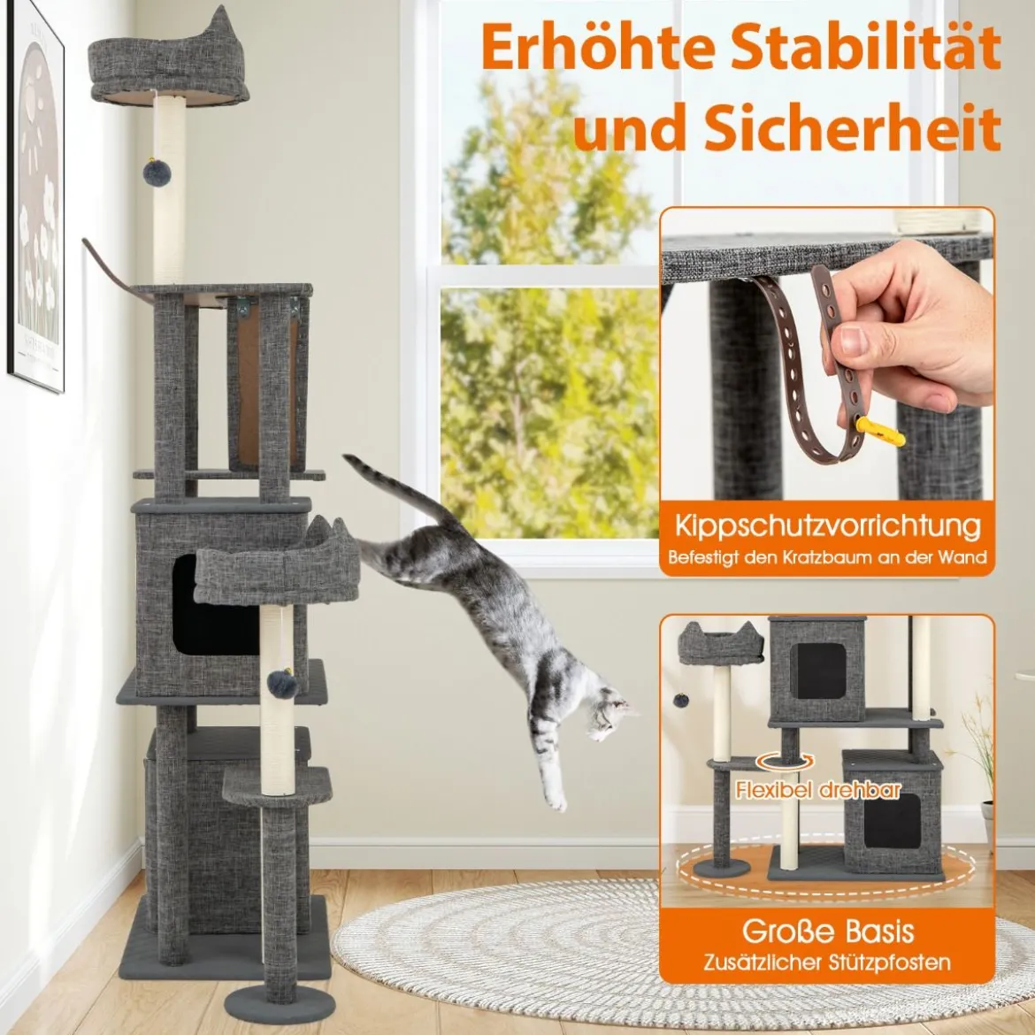 Kratzbaum mit Kratzpfosten & Sisalbrett & Leiter & 2 Höhlen Katzenbaum 180 cm Grau