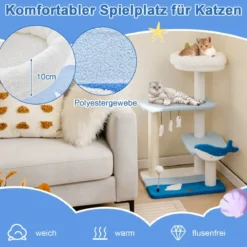 Kratzbaum mit Meeresmotiv 3-stöckiger Katzenturm mit Sisal überzogenen Pfosten Blau 49 x 38 x 86 cm
