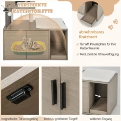 Kratzbaum mit Toilettenschrank moderner 2-in-1-Katzenturm mit Höhle 95 x 55,5 x 132 cm Grau