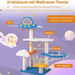 Kratzbaum mit Weltraum Thema & Raumkapsel & Sisal Kratzsäulen Mehrschichtiger Kletterbaum