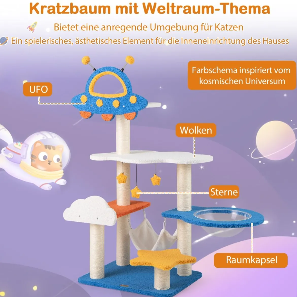 Kratzbaum mit Weltraum Thema & Raumkapsel & Sisal Kratzsäulen Mehrschichtiger Kletterbaum