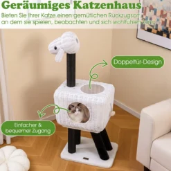 Kratzbaum Rattan 110 cm Katzenturm im Schaf-Design mit Katzenhöhle Sisalstämme & Hängender Spielball