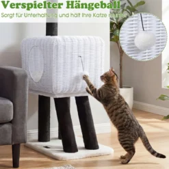 Kratzbaum Rattan 110 cm Katzenturm im Schaf-Design mit Katzenhöhle Sisalstämme & Hängender Spielball