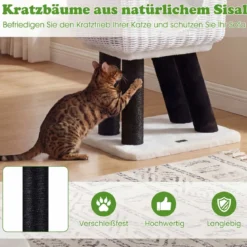Kratzbaum Rattan 110 cm Katzenturm im Schaf-Design mit Katzenhöhle Sisalstämme & Hängender Spielball