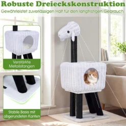 Kratzbaum Rattan 110 cm Katzenturm im Schaf-Design mit Katzenhöhle Sisalstämme & Hängender Spielball