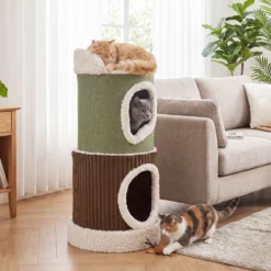 Kratztonne 3 Ebenen Ø 41 cm 85 cm Hoch Katzentonne mit 2 Höhlen Liegefläche & Runder Sockel
