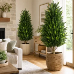 Kunstbaum Zypresse 92 cm Kunstpflanze mit Moos & Zement Gefülltem Topf wetterfest 2 Stücke