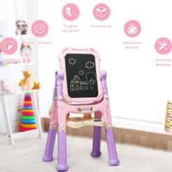 Kunststaffelei für Kinder doppelseitig mit Kreidetafel & Whiteboard 61 x 45 x 109 cm Rosa + Lila
