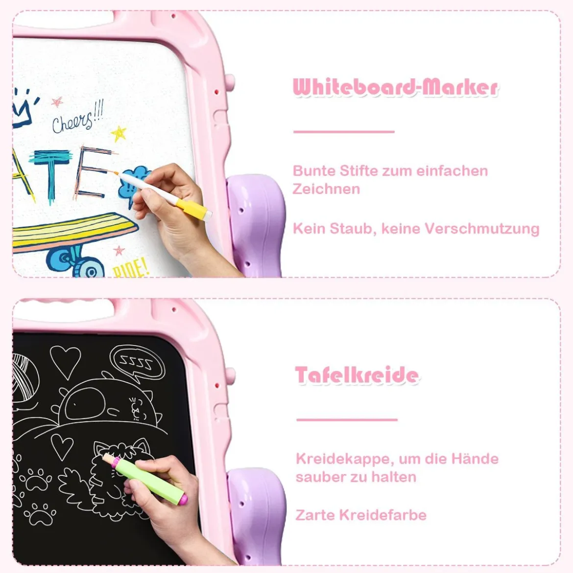 Kunststaffelei für Kinder doppelseitig mit Kreidetafel & Whiteboard 61 x 45 x 109 cm Rosa + Lila
