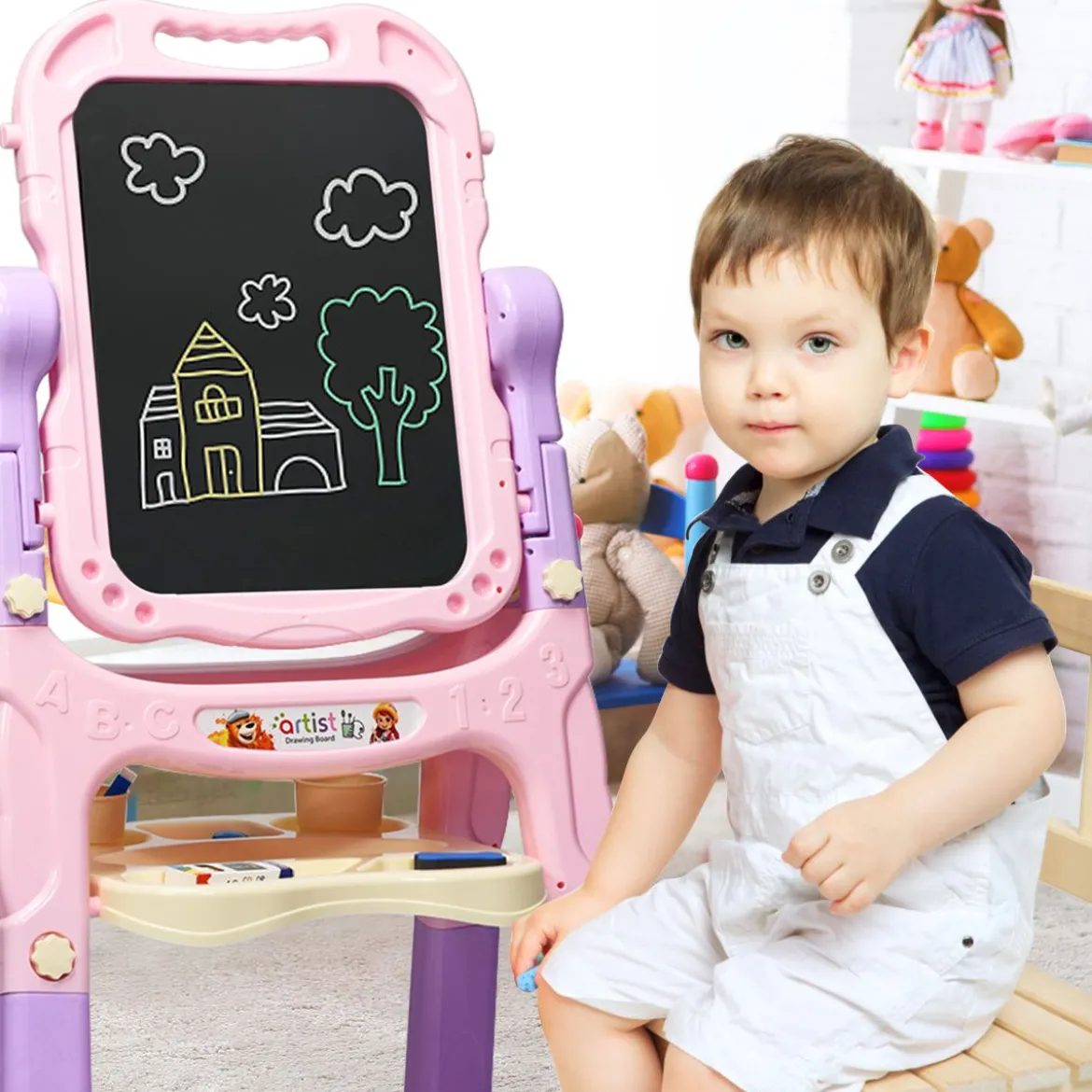 Kunststaffelei für Kinder doppelseitig mit Kreidetafel & Whiteboard 61 x 45 x 109 cm Rosa + Lila