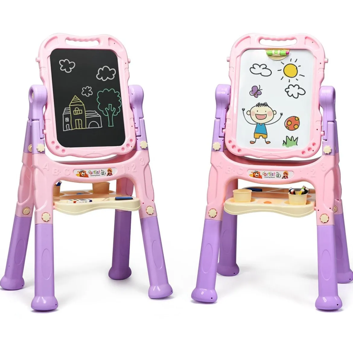 Kunststaffelei für Kinder doppelseitig mit Kreidetafel & Whiteboard 61 x 45 x 109 cm Rosa + Lila