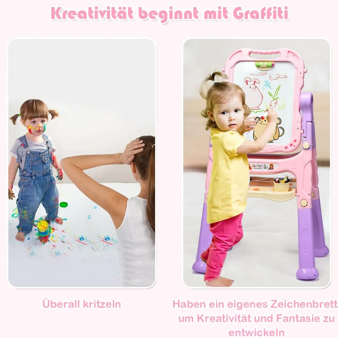 Kunststaffelei für Kinder doppelseitig mit Kreidetafel & Whiteboard 61 x 45 x 109 cm Rosa + Lila