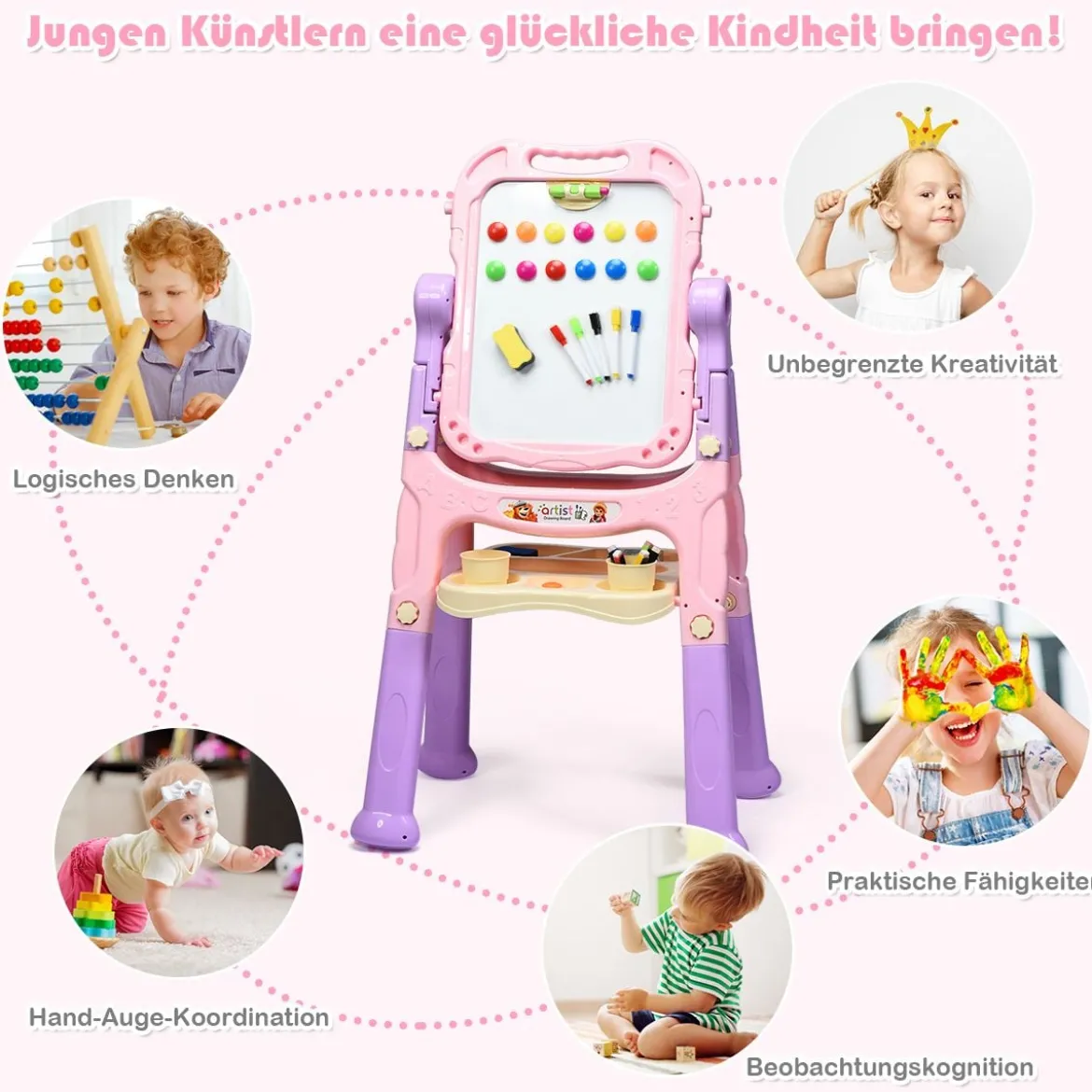 Kunststaffelei für Kinder doppelseitig mit Kreidetafel & Whiteboard 61 x 45 x 109 cm Rosa + Lila
