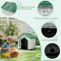 Kunststoff-Hundehütte Tierunterkunft mit abschließbarer Metalltür Belüftungsschlitzen & geneigtem Dach