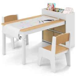 Kunsttisch- und Stuhlset für Kinder Zeichentisch mit 2 Stühlen Papierrolle und Papierrollenhalter Grau/Natur/Weiß