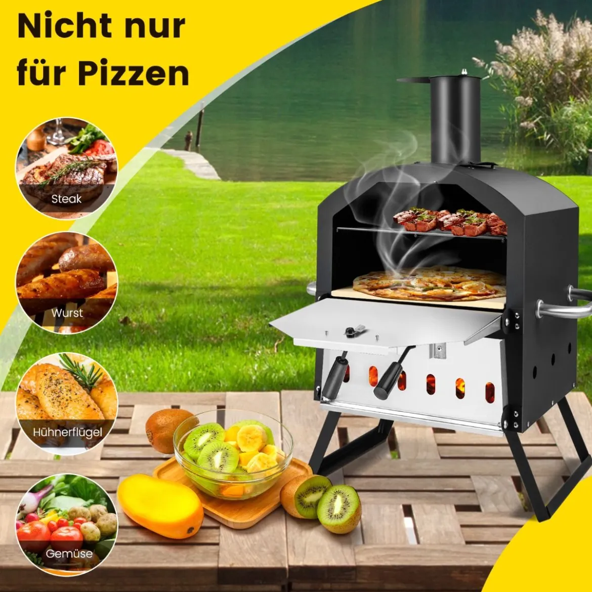 2-lagigem Pizza Ofen mit Grillrost & Pizzastein & Pizzaschaufel & Wasserdichter Abdeckung