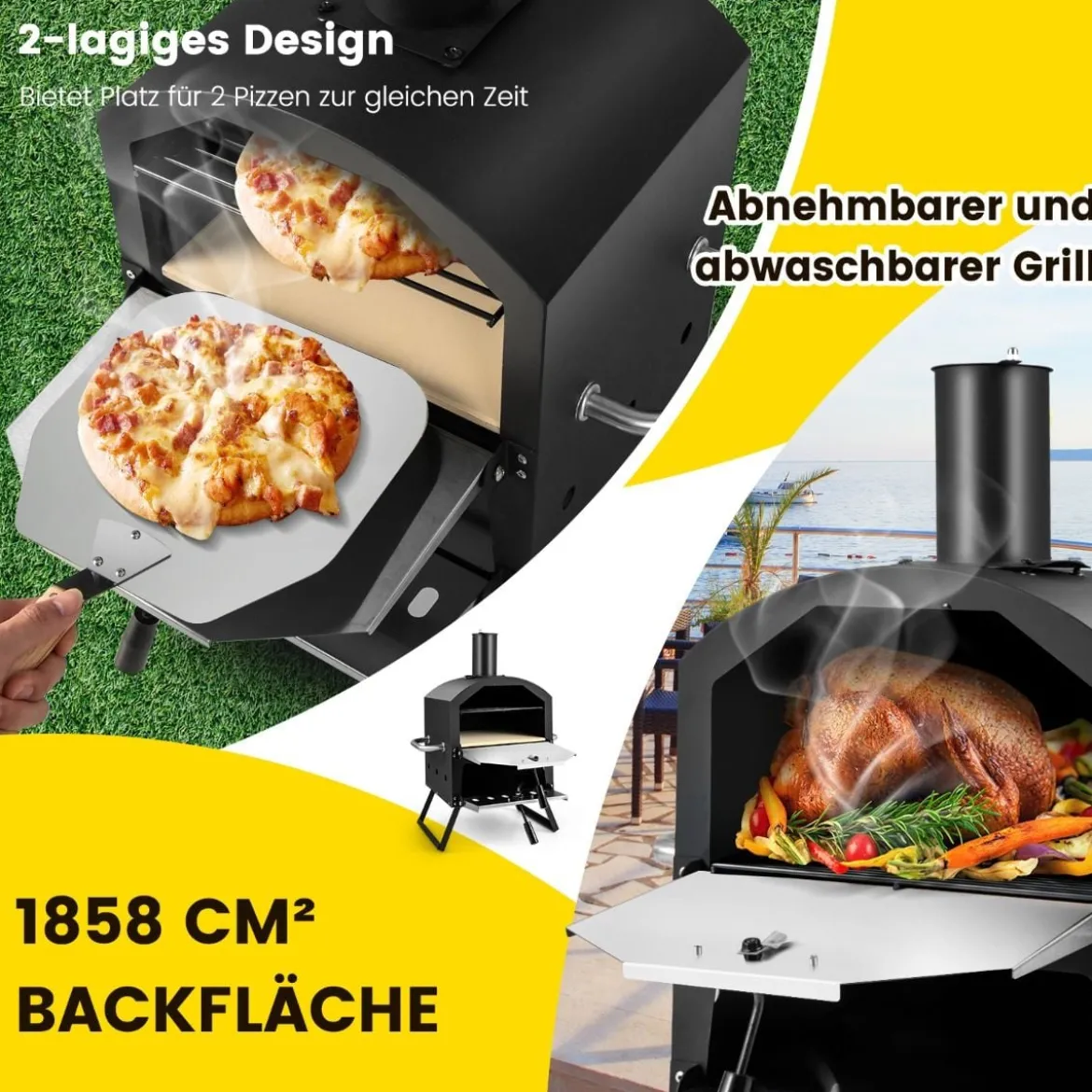 2-lagigem Pizza Ofen mit Grillrost & Pizzastein & Pizzaschaufel & Wasserdichter Abdeckung