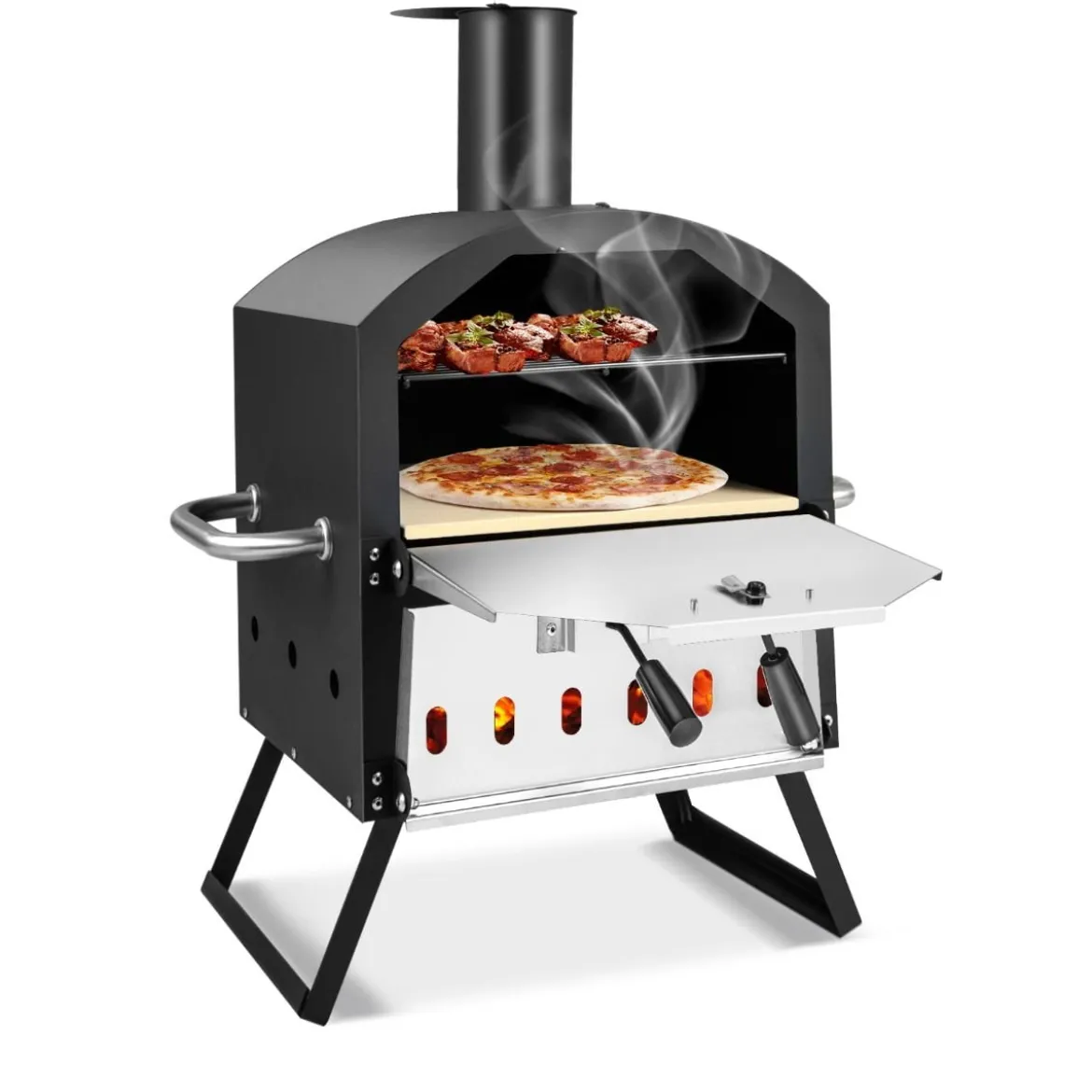 2-lagigem Pizza Ofen mit Grillrost & Pizzastein & Pizzaschaufel & Wasserdichter Abdeckung