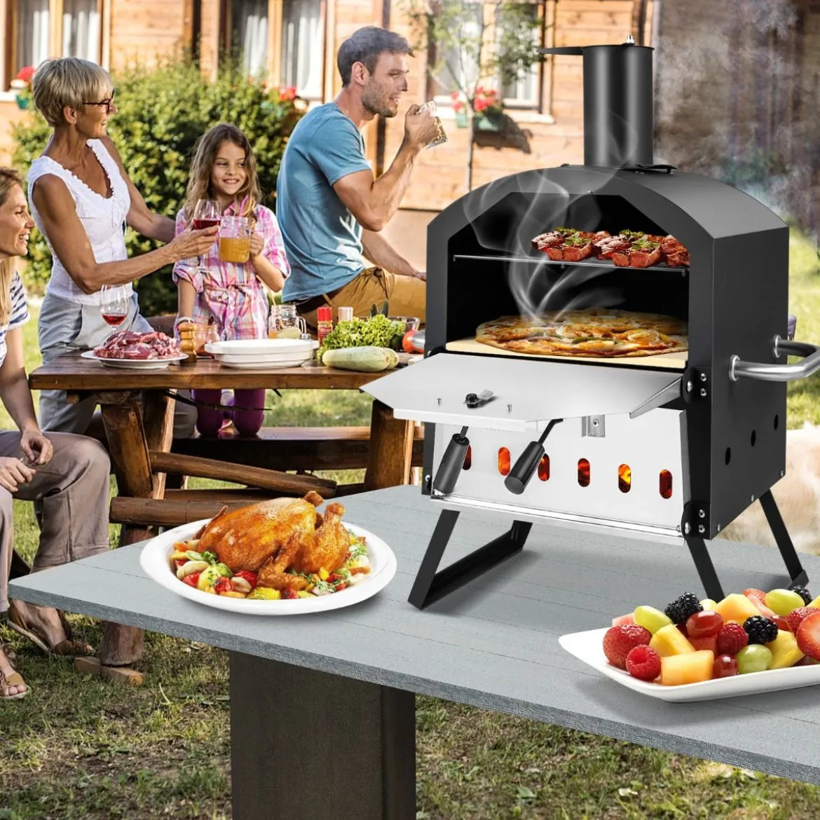 2-lagigem Pizza Ofen mit Grillrost & Pizzastein & Pizzaschaufel & Wasserdichter Abdeckung