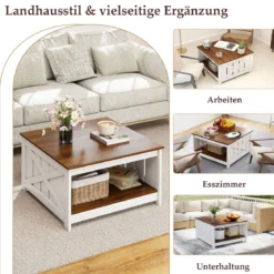 Landhaus Couchtisch 78 cm quadratischer Couchtisch mit Ablagefach 2-stöckiger Vintage Tisch Weiß & Braun