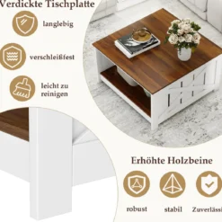 Landhaus Couchtisch 78 cm quadratischer Couchtisch mit Ablagefach 2-stöckiger Vintage Tisch Weiß & Braun