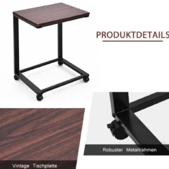 Laptoptisch Beistelltisch mit 4 Räder 50 x 40 x 64,5 cm Braun und Schwarz