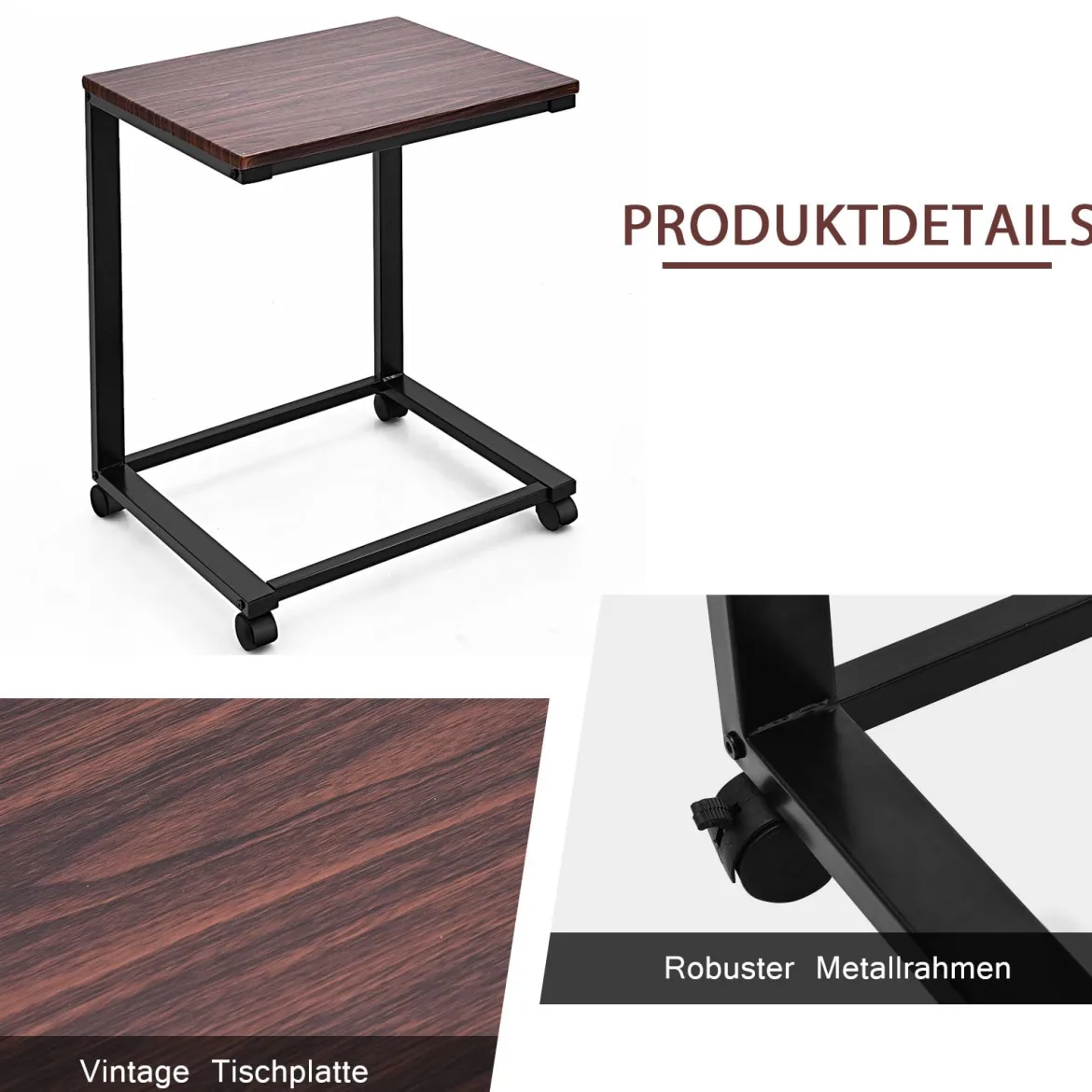 Laptoptisch Beistelltisch mit 4 Räder 50 x 40 x 64,5 cm Braun und Schwarz