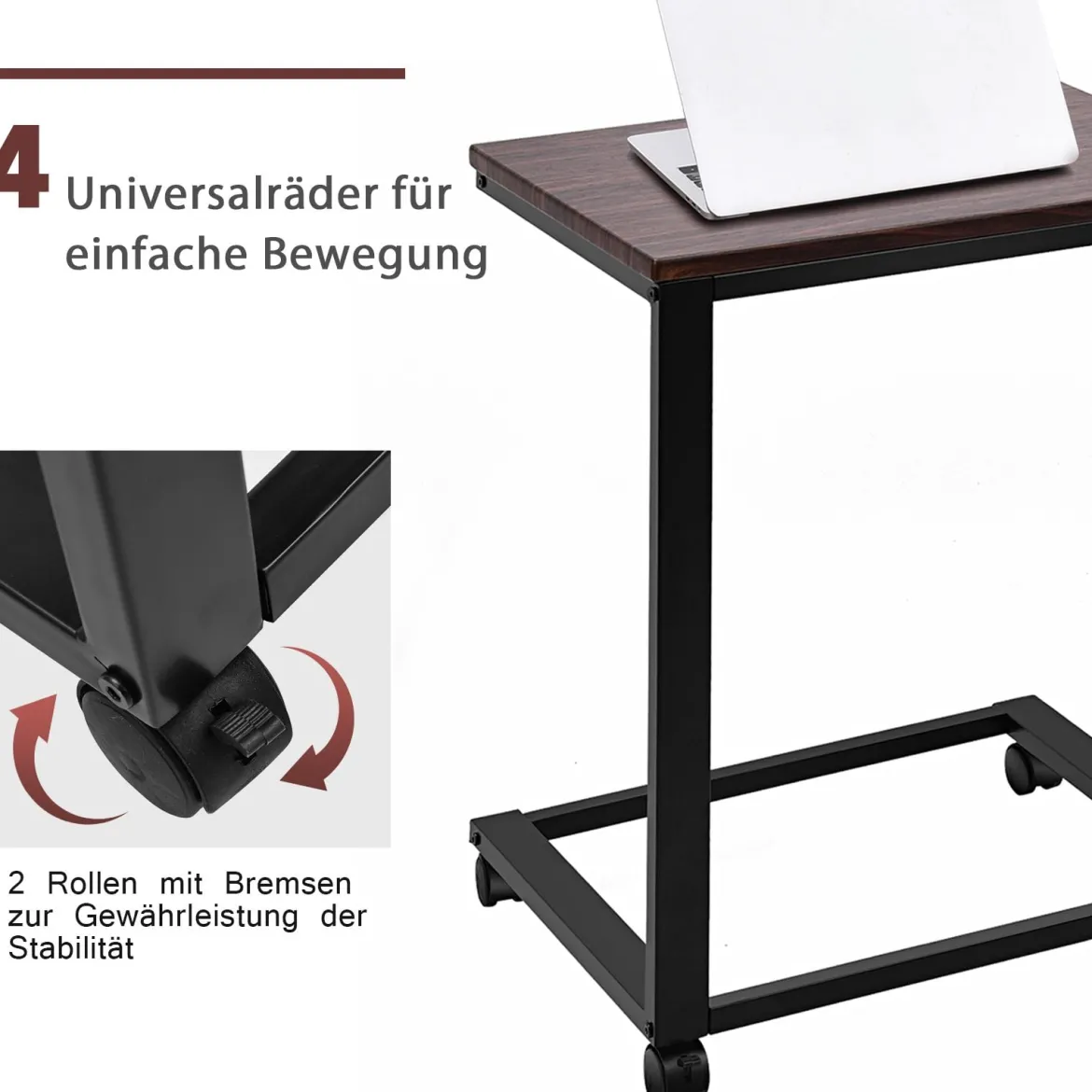 Laptoptisch Beistelltisch mit 4 Räder 50 x 40 x 64,5 cm Braun und Schwarz