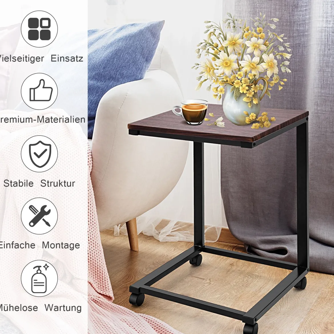 Laptoptisch Beistelltisch mit 4 Räder 50 x 40 x 64,5 cm Braun und Schwarz