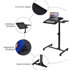 Laptoptisch Höhenverstellbarer Betttisch mit Rollen 64 x 45 x 71-93 cm Schwarz
