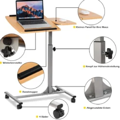 Laptoptisch Höhenverstellbarer Notebooktisch Betttisch mit Rollen und Bremsen Natur 64 x 44 x 64-95 cm