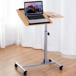 Laptoptisch Höhenverstellbarer Notebooktisch Betttisch mit Rollen und Bremsen Natur 64 x 44 x 64-95 cm