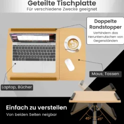 Laptoptisch mit 5 Rollen Beistelltisch Notebooktisch Höhe/Winkel verstellbar Rollentisch mit Bremsen 60×40×71-91cm Natur