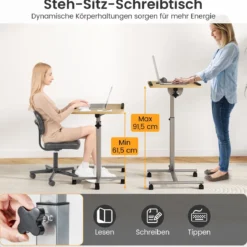 Laptoptisch mit 5 Rollen Beistelltisch Notebooktisch Höhe/Winkel verstellbar Rollentisch mit Bremsen 60×40×71-91cm Natur