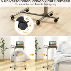 Laptoptisch mit 5 Rollen Beistelltisch Notebooktisch Höhe/Winkel verstellbar Rollentisch mit Bremsen 60×40×71-91cm Natur