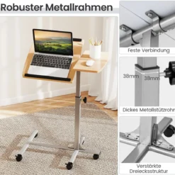 Laptoptisch mit 5 Rollen Beistelltisch Notebooktisch Höhe/Winkel verstellbar Rollentisch mit Bremsen 60×40×71-91cm Natur