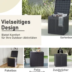145 L Aufbewahrungsbox mit PP-Deckel & Rattanmuster Outdoor Aufbewahrungsbehälter Braun