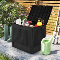 96 L Aufbewahrungsbox Outdoor Auflagenbox mit PP-Deck Rattanmustern & abschließbarem Deckel Schwarz